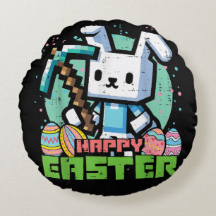 Happy Easter Bunny Pixel Game  Round Pillow
