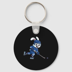 Happy Easter Bunny Playing Ice Hockey Easter Sport Keychain