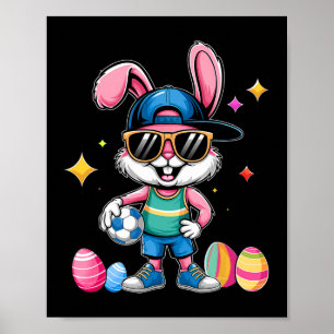 Happy Easter Bunny Playing Soccer Easter Sport Kid Poster