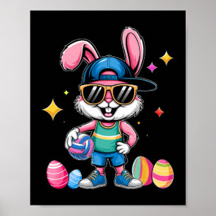 Happy Easter Bunny Playing Volleybyll Easter Sport Poster