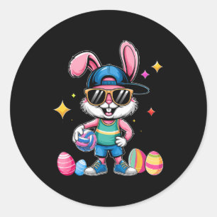 Happy Easter Bunny Playing Volleyll Easter Sport K Classic Round Sticker