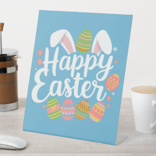 Happy Easter Bunny Rabbit Egg Holiday Pedestal Sign