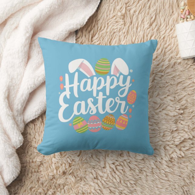 Happy Easter Bunny Rabbit Egg Holiday  Throw Pillow (Blanket)