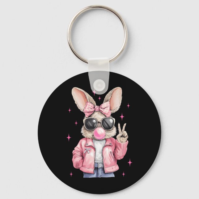 Happy Easter Bunny Rabbit Face Coquette Bow Easter Keychain (Front)