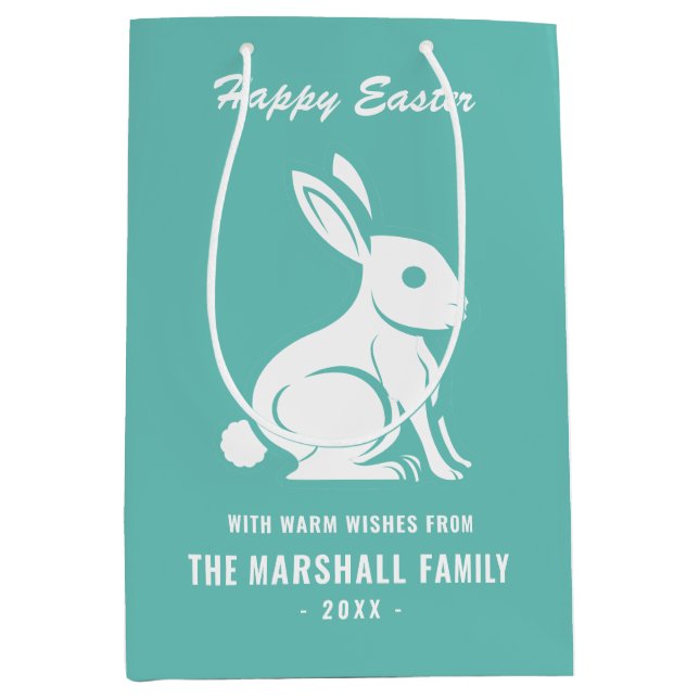 Happy Easter Bunny Rabbit Family Name Teal White Medium Gift Bag (Front)