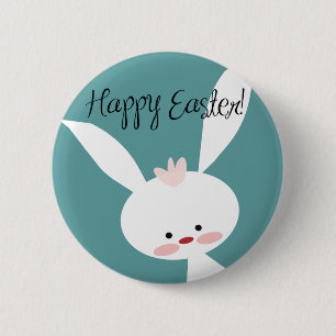 Happy Easter bunny rabbit on blue teal background 2 Inch Round Button