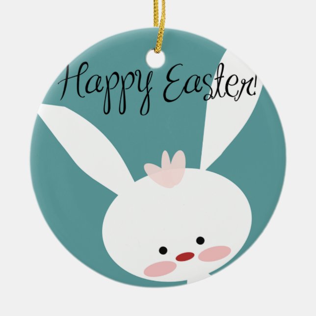 Happy Easter bunny rabbit on blue teal background Ceramic Ornament (Front)