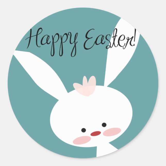 Happy Easter bunny rabbit on blue teal background Classic Round Sticker (Front)