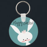 Happy Easter bunny rabbit on blue teal background Keychain<br><div class="desc">Perfect for an Easter gift with a cute cartoon illustration of an Easter bunny rabbit against a teal blue background.</div>