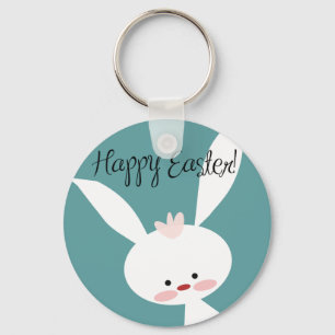 Happy Easter bunny rabbit on blue teal background Keychain