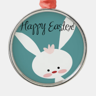 Happy Easter bunny rabbit on blue teal background Metal Ornament
