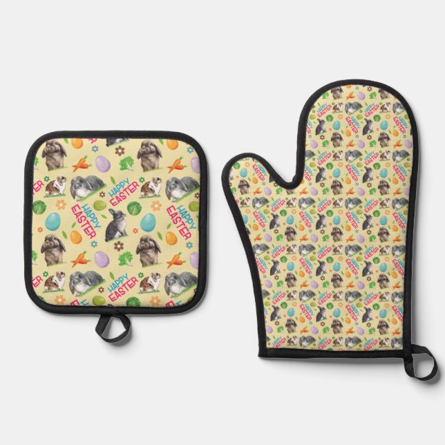 Happy Easter Bunny Rabbit Oven Mitt & Pot Holder Set (Front)