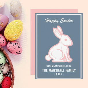 Happy Easter Bunny Rabbit Slate Blue White Pink Holiday Card