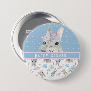 Happy Easter Bunny Rabbits and Blue Polka Dots  3 Inch Round Button