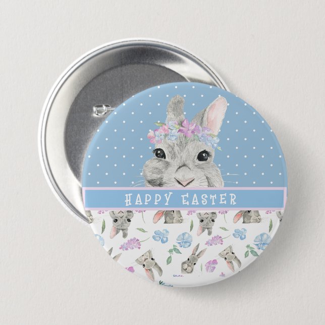 Happy Easter Bunny Rabbits and Blue Polka Dots  3 Inch Round Button (Front & Back)