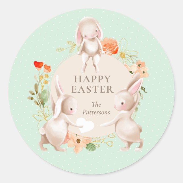 Happy Easter Bunny Rabbits Floral Personalized Classic Round Sticker (Front)