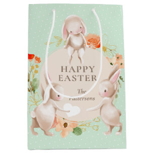 Happy Easter Bunny Rabbits Floral Personalized Medium Gift Bag
