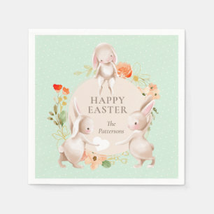 Happy Easter Bunny Rabbits Floral Personalized Napkin