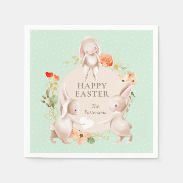 Happy Easter Bunny Rabbits Floral Personalized Napkin (Front)