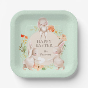 Happy Easter Bunny Rabbits Floral Personalized Paper Plate