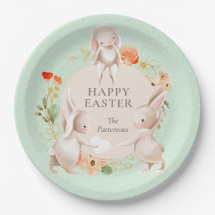Happy Easter Bunny Rabbits Floral Personalized Paper Plate