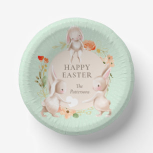 Happy Easter Bunny Rabbits Floral Personalized Paper Plate
