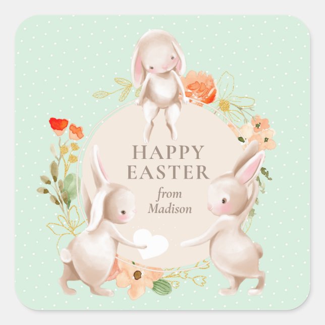 Happy Easter Bunny Rabbits Floral Personalized Square Sticker (Front)