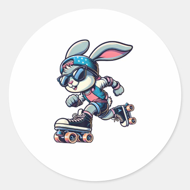 Happy Easter Bunny Roller Skating Player Lover Spo Classic Round Sticker (Front)