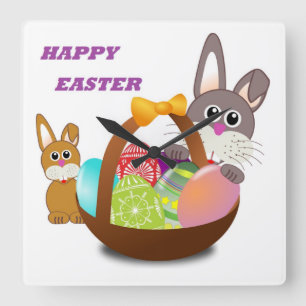 "HAPPY EASTER" BUNNY SQUARE WALL CLOCK