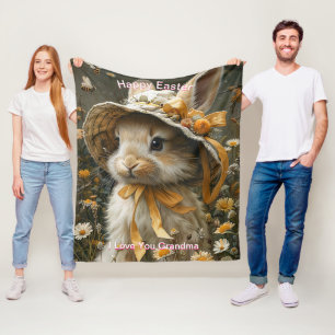 Happy Easter Bunny Straw Hat  Orange Ribbon Fleece Blanket