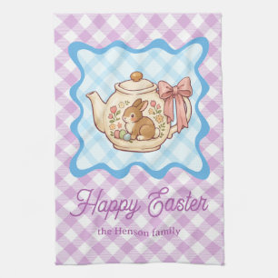Happy Easter Bunny Teapot Gingham  Kitchen Towel