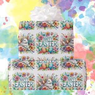 Happy Easter Bunny Vivid Flowers Eggs Girls Boys Wrapping Paper