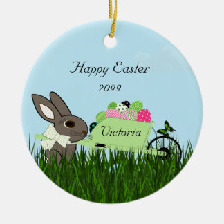 Happy Easter Bunny w Wheelbarrow of Eggs Ceramic Ornament