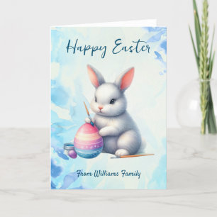 Happy Easter, Bunny Water colouring an Easter egg Holiday Card