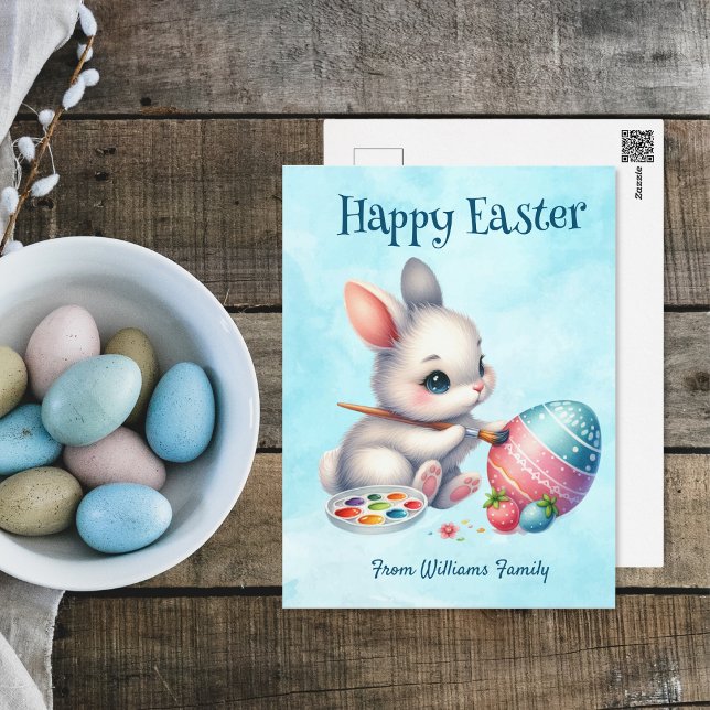 Happy Easter, Bunny Water colouring an Easter egg Holiday Postcard (Creator Uploaded)