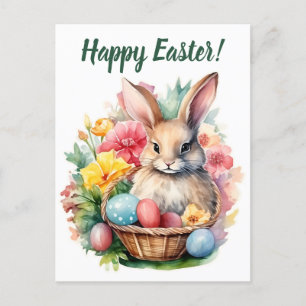 Happy Easter Bunny Watercolor painting Postcard