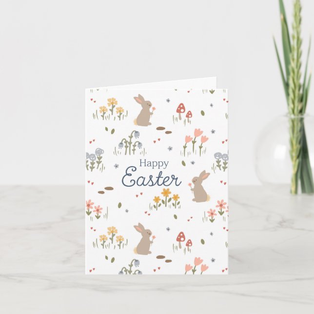 Happy Easter Bunny Wildflowers Cute Holiday  Card (Front)