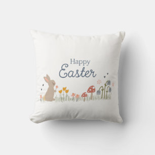 Happy Easter Bunny Wildflowers Cute Holiday Throw Pillow