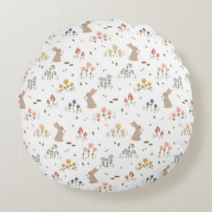 Happy Easter Bunny Wildflowers Cute Kids Bedroom Round Pillow
