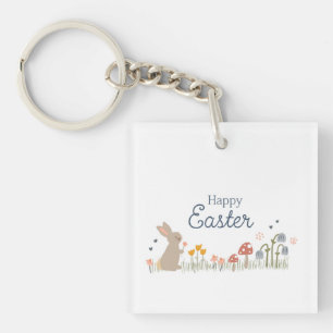 Happy Easter Bunny Wildflowers Cute Kids Holiday Keychain