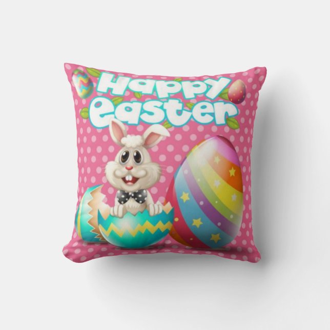 Happy Easter Bunny With Colourful Eggs Throw Pillow (Front)