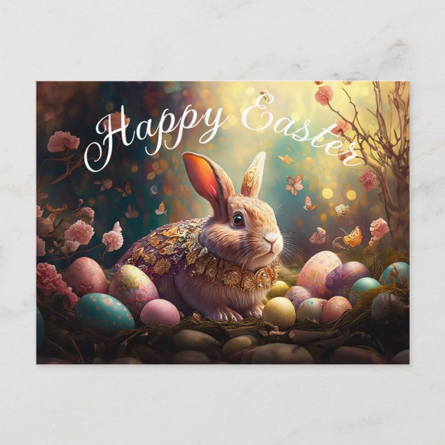 Happy Easter Bunny with Easter eggs Holiday Postcard (Front)