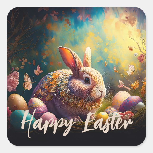Happy Easter Bunny with Easter eggs Square Sticker (Front)