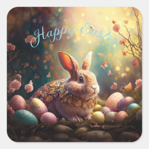 Happy Easter Bunny with Easter eggs Square Sticker