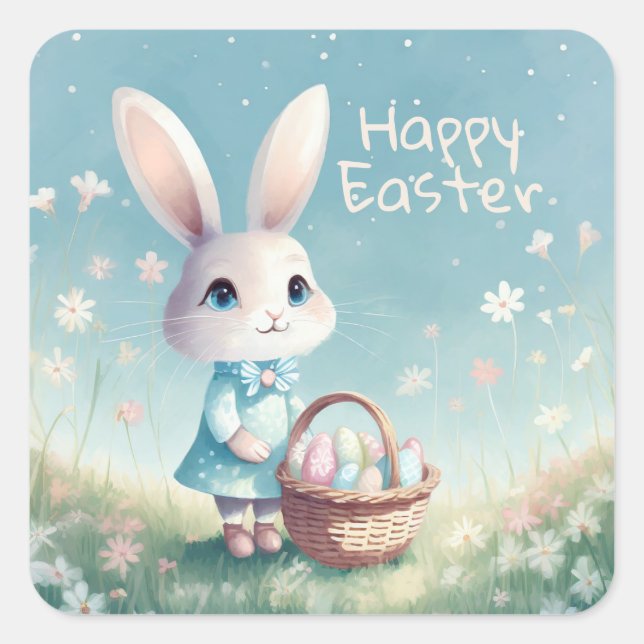 Happy Easter Bunny with Easter eggs Square Sticker (Front)