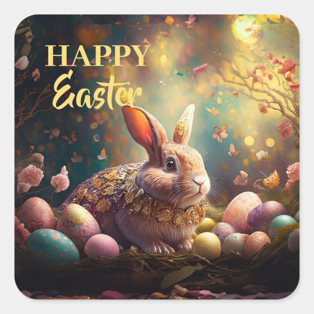 Happy Easter Bunny with Easter eggs Square Sticker (Front)