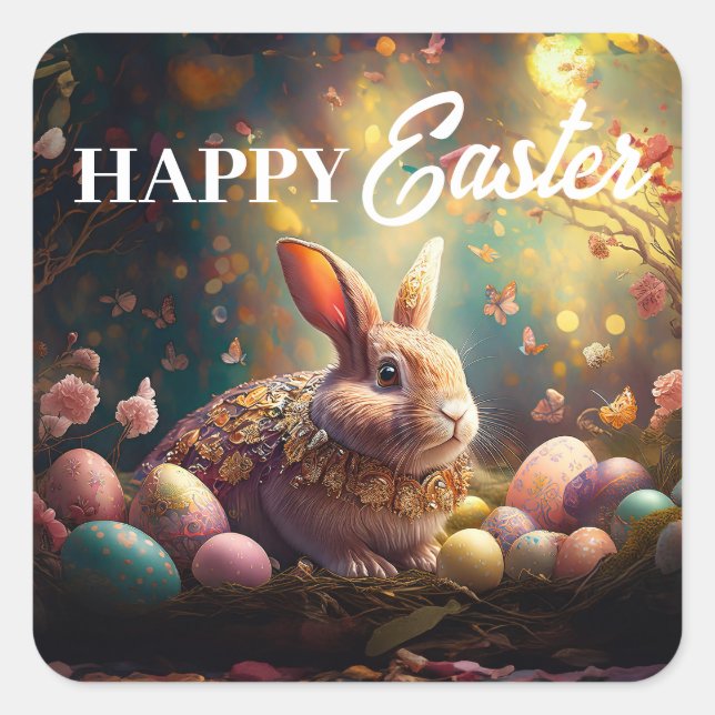 Happy Easter Bunny with Easter eggs Square Sticker (Front)