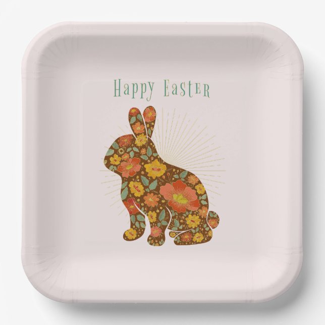 Happy Easter Bunny Yellow Gold Glitter Floral Paper Plate (Front)