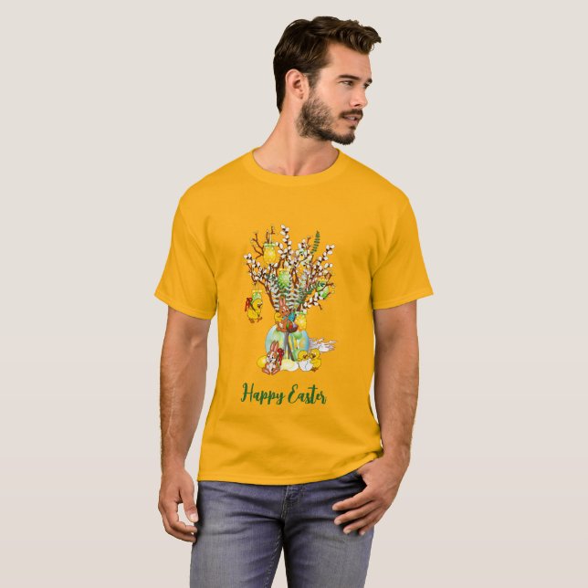 Happy Easter Busy Tree Hanging Chick Egg Bunny Fun T-Shirt (Front Full)
