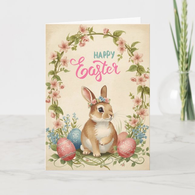 Happy Easter Card - Bunny Floral Wreath (Front)